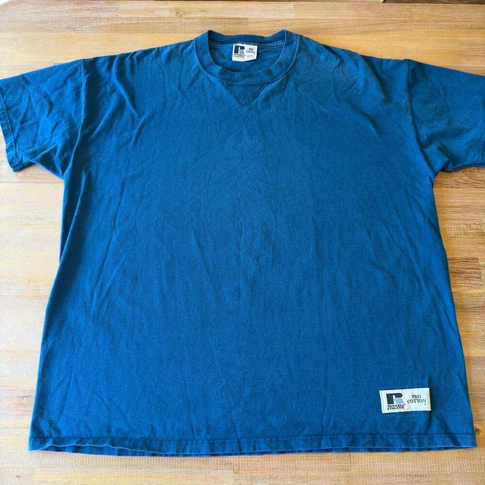 Vintage 90s Russell Athletic Pro Cotton V-Inset Tee Shirt Turquoise Blue XL